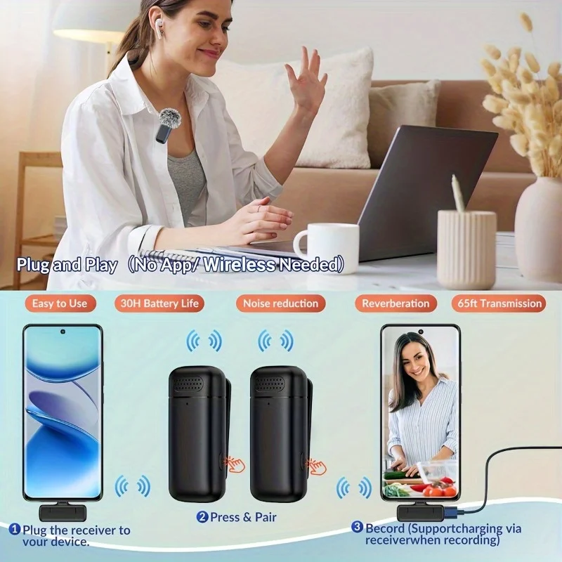 Micrófono inalámbrico de solapa con estuche de carga, micrófono pequeño con reducción de ruido para grabación de vídeos y vlogs con dispositivos USB-C, Samsung y Android.