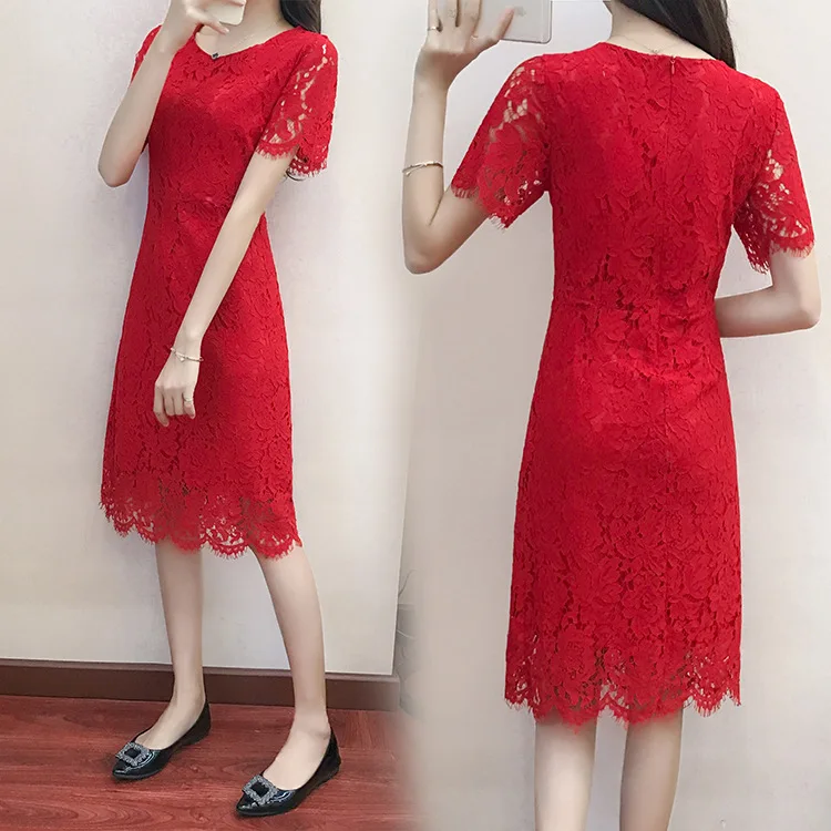 

Women's Hollowed Out Hook Flower Lace Dress Short Sleeved Slim Fitting Temperament Mid Length Skirt