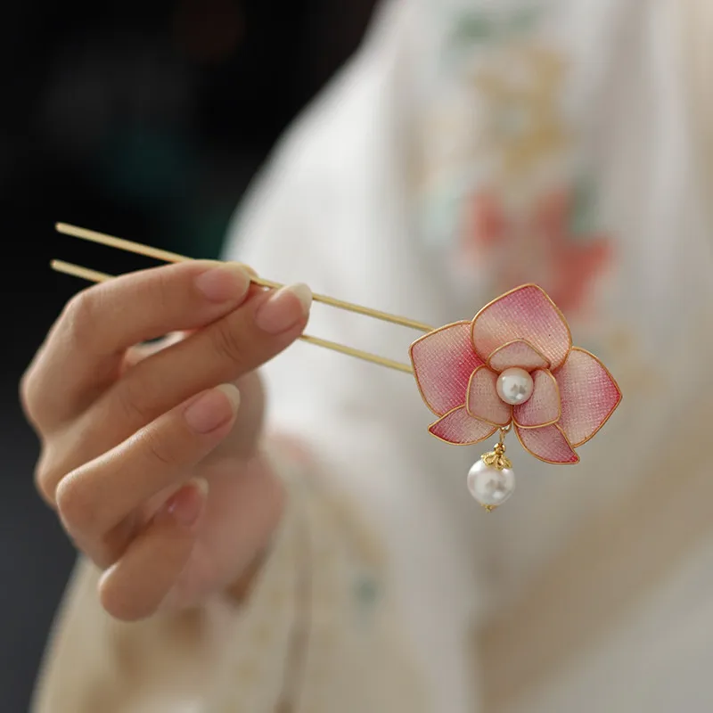 Traditional Chinese Style Lucky Pink Phalaenopsis U Shaped Hairpin Pearl Decor Hair Clips For Hanfu Cheongsam Wedding Party Dail