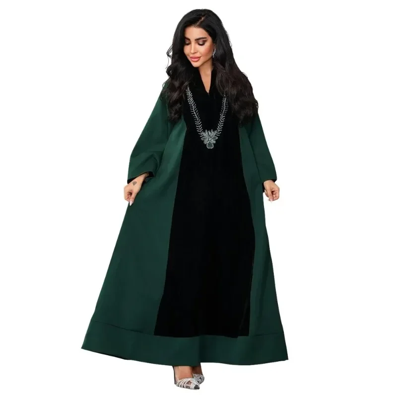 Ramadan Morocco Middle East Muslim Fashion Dubai Arab Women's Wear Hot Diamond Velvet Splicing Color Contrasting Robe Dress