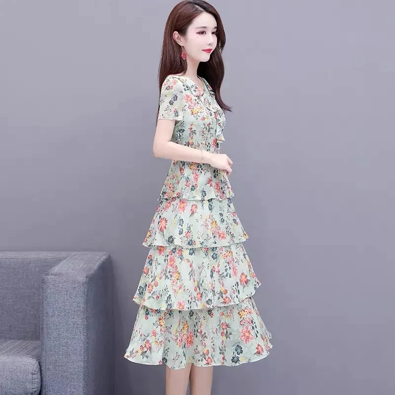 Oversized Women A-Line Floral Cake Mid Length Dress Boho Slim V-Neck Dresses Korean Elegant Vestido Summer Causal Vestidos New