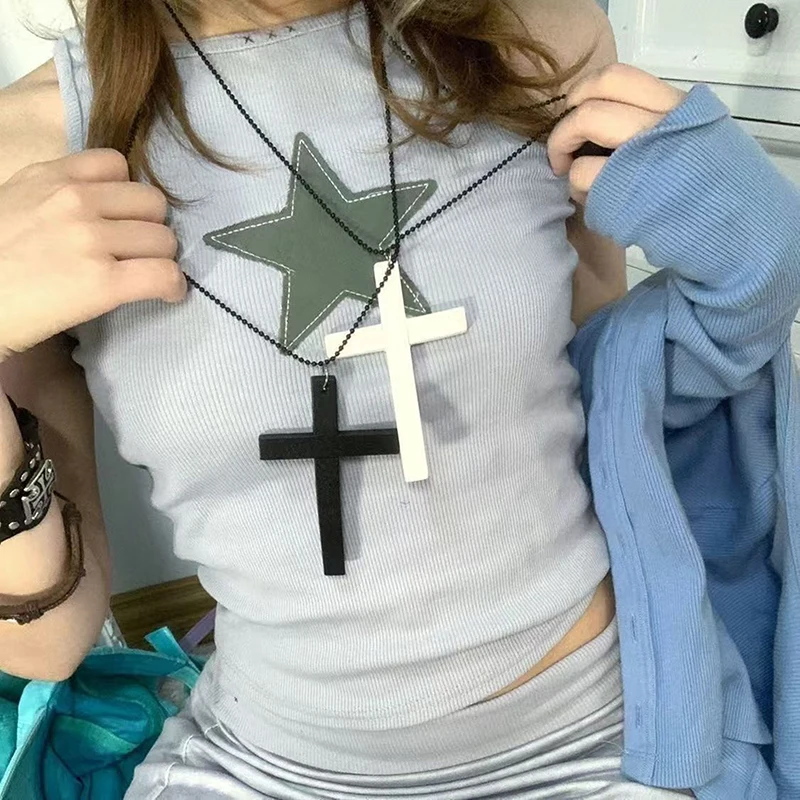1PC Trendy Cool Punk Gothic Wood Cross Pendant Necklace For Women Men Vintage Hip Hop Necklace Party Jewelry Accessories Gifts