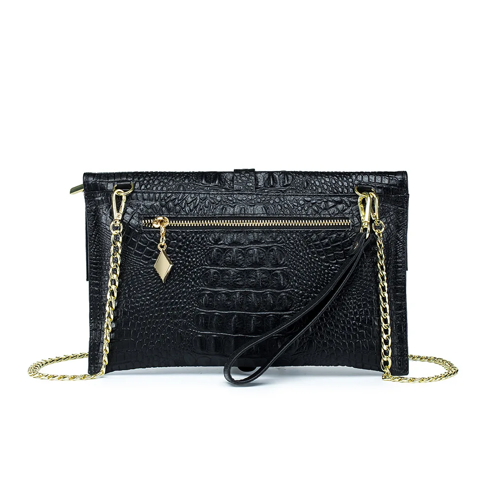 Alligator Pattern Women Genuine Leather Clutch Bag Black Crocodile Ladies Chain Cowhide Shoulder or Crossbody Bags