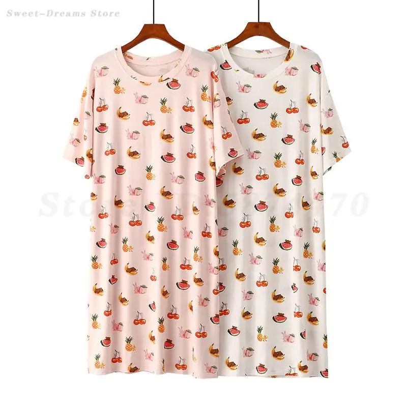

Women's Sweet Home Clothes Fruit Printed Sleepwear Modal Soft Nightdress Round Neck Loose Casual Nightgown Medium Length Dress