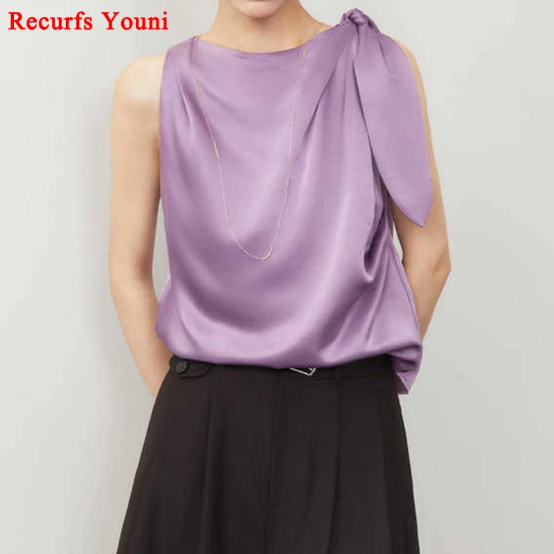 

Summer Silk Tank Top for Women 95% Mulberry Silk Elastic Satin High Sense Bow Sleeveless Sling Top Outwear Cool Vacation Clothes