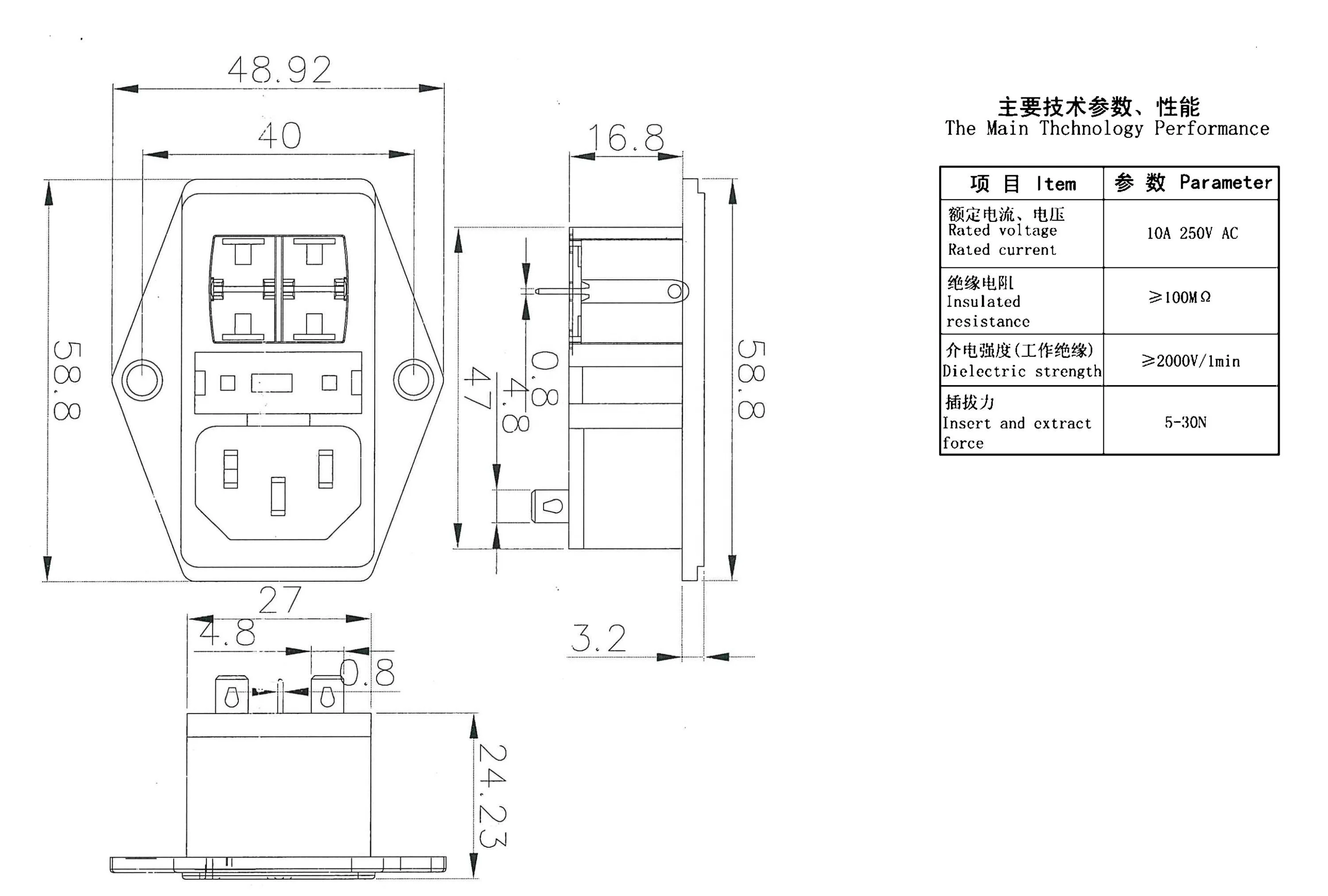 10A 250VAC 3/4 Pin Iec 320 C14 Inlaat Connector Plug Power Socket Met Rode Tuimelschakelaar 10A Zekering