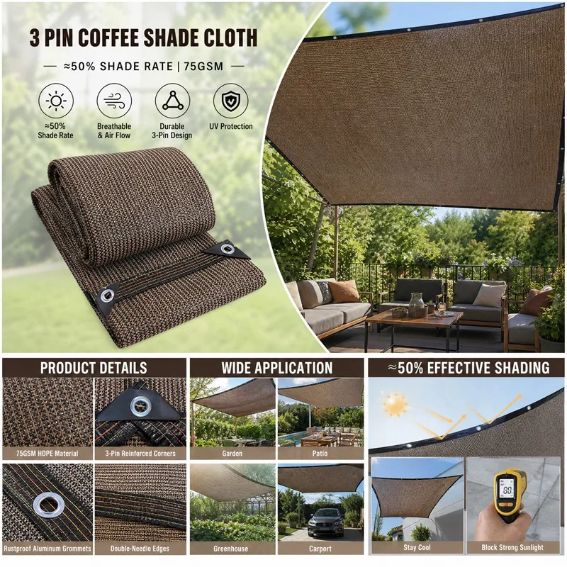 3Pin Light-Duty Coffee Shade Cloth, UV Resistant Brown Sun Shade Net, Sun Protection Mesh Cover, Breathable HDPE Fabric, Anti-Aging Sunblock Netting for Greenhouse, Garden, Balcony, Backyard, Plant Shelter, Outdoor Patio, Multiple Sizes Available