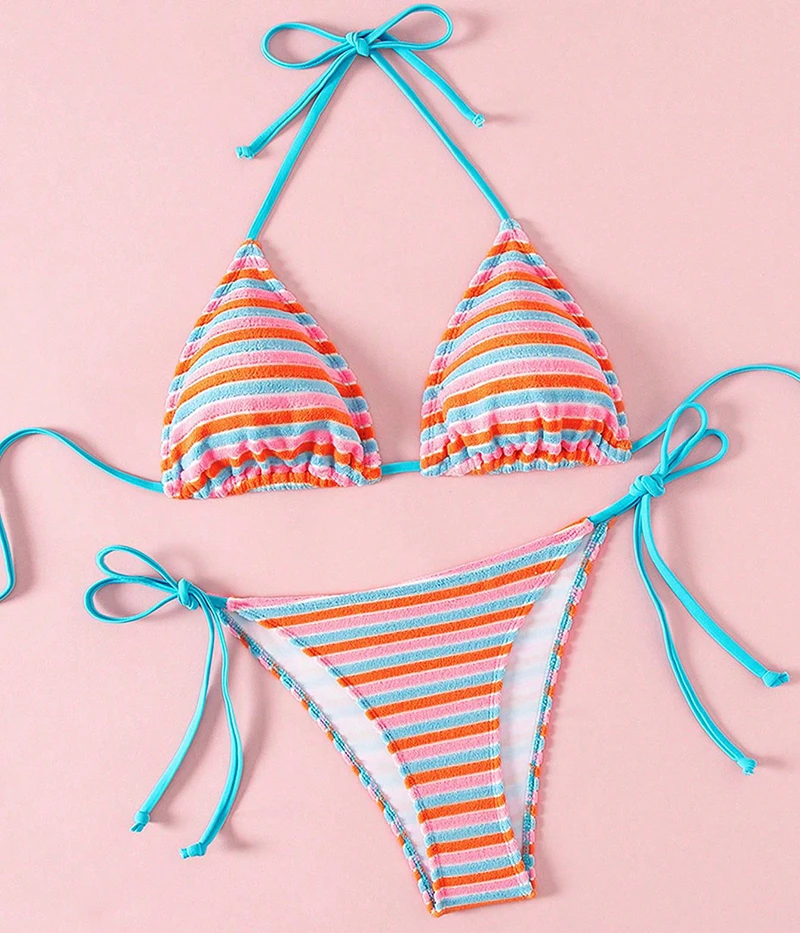 

Сексуальное треугольное бикини 2026, женские красочные полосатые бикини, разделенный купальный костюм, летний купальник на шнуровке, пляжная одежда