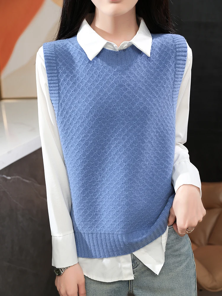 

100% Merino Wool Women's Vest Round Neck Autumn Winter Casual Fashion Knitted Sleeveless Sweater