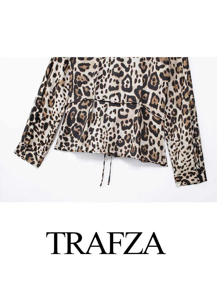 TRAFZA 2024 Women Leopard Print Shirt Pant Set Vintage Lace Up Long Sleeves Shirts Top+High Waist Baggy Pants Suits traf