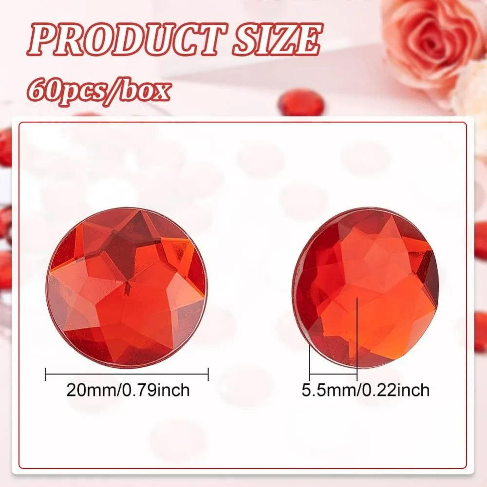 60Pcs 20mm Flat Back Round Acrylic Rhinestone Red Self-Adhesive Round Jewels Plastic Gems Embelishments Stick On Jewels Crystal