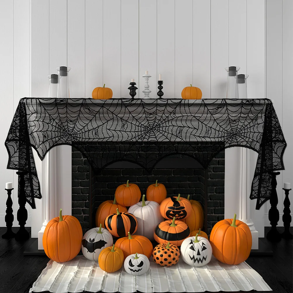 

2pcs Fireplace Cloth Black Halloween Tablecloth Pentagram Design Spider Web Lace Decor For Party Haunted Scene Layout