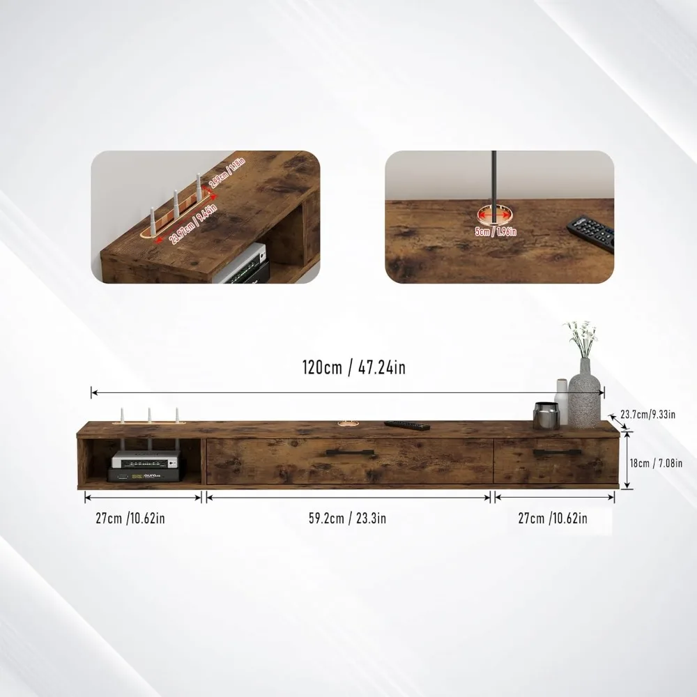 Rustic Wall-Mounted TV Stand with Floating Shelves and Doors, 47 Under-TV Storage