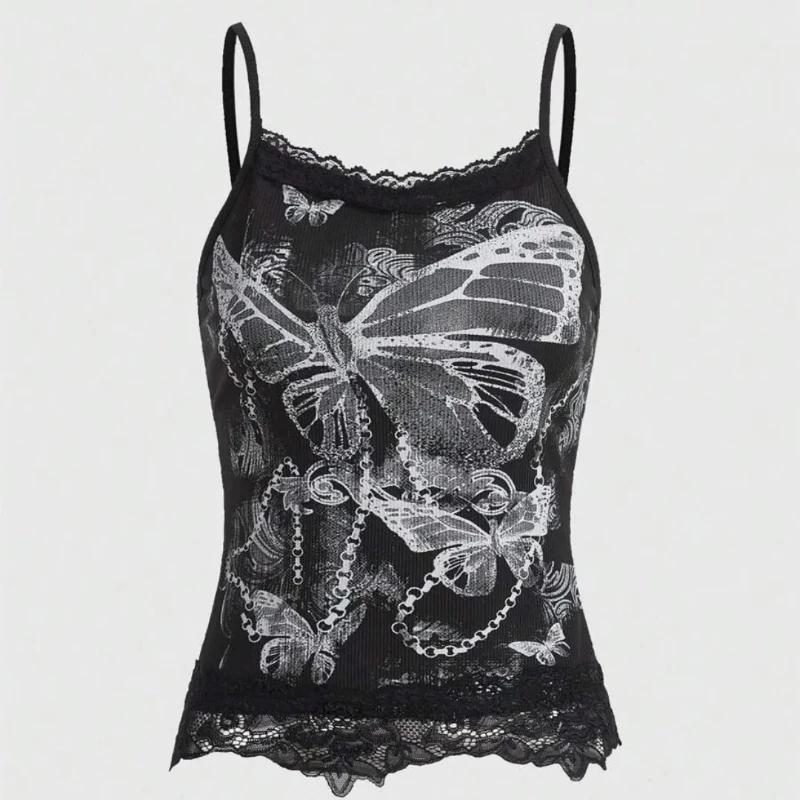 

Американский кружевной тонкий камзол Y2k, готический тренд, жилет в стиле панк, модный винтажный сексуальный креативный художественный топ на бретельках с принтом бабочки
