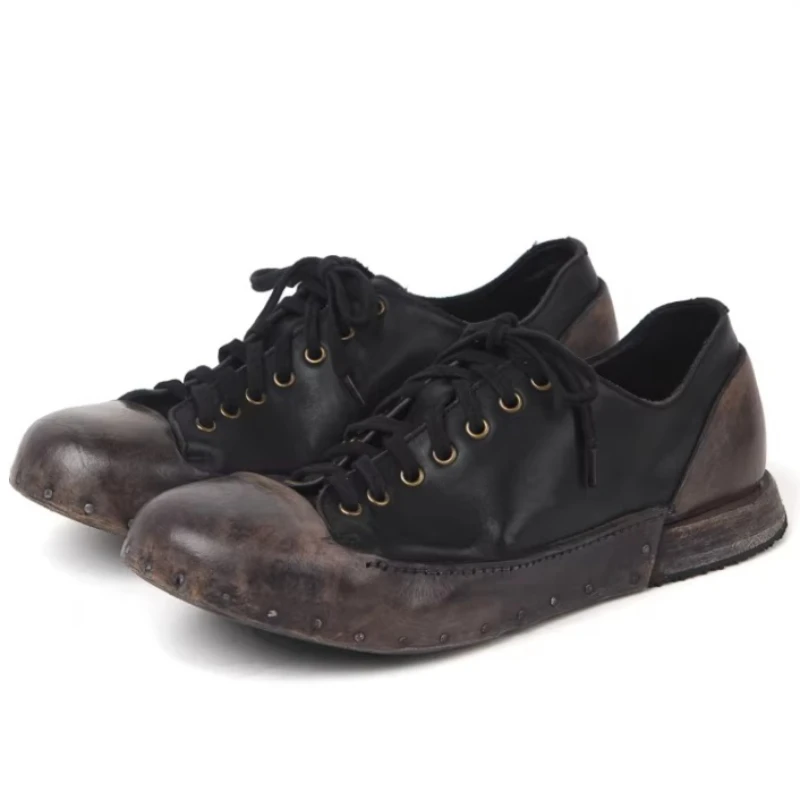 

British Handmade Stitching Washed Calf Leather Shoes for Men's Retro Nail Tooling Shoes Low Cut Thick Soled Custom Casual Shoes