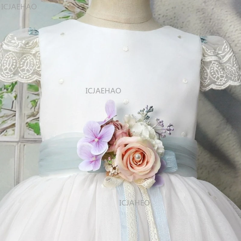 Girls Floral Applique Tulle Princess Dress Kids Costume  Birthday Pageant Party Clothes Puffy Flower Girl Wedding Gown Children