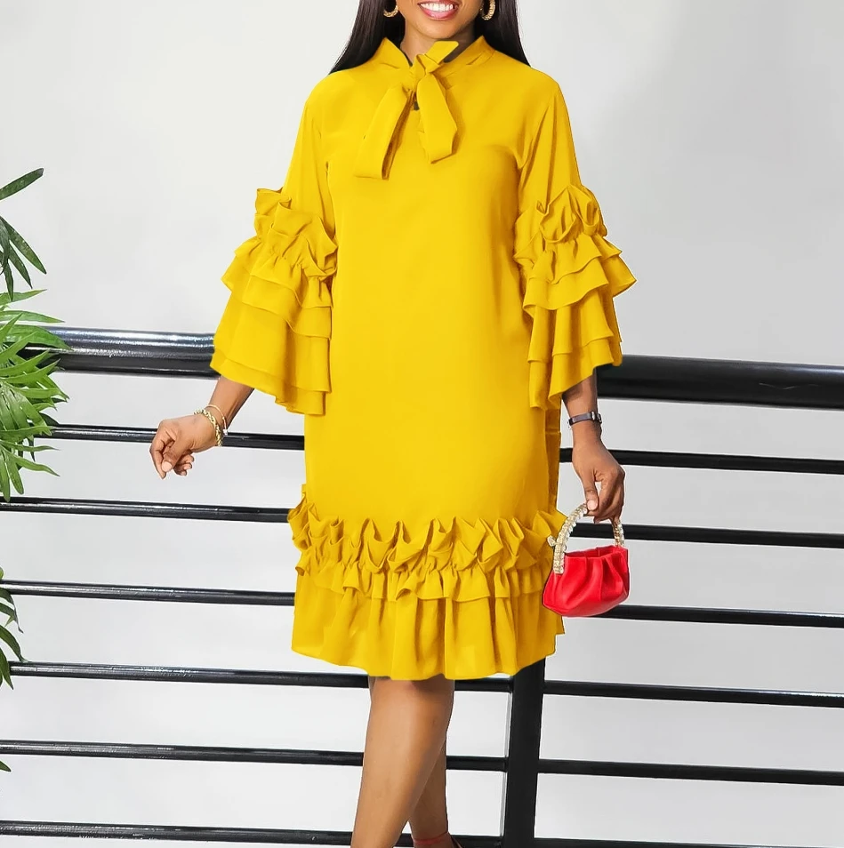 Party Dresses for Women 2024 New Fashion Spring Summer A-Line Skirt Solid Ruffled Flared Sleeves Loose Elegant Temperament Dress