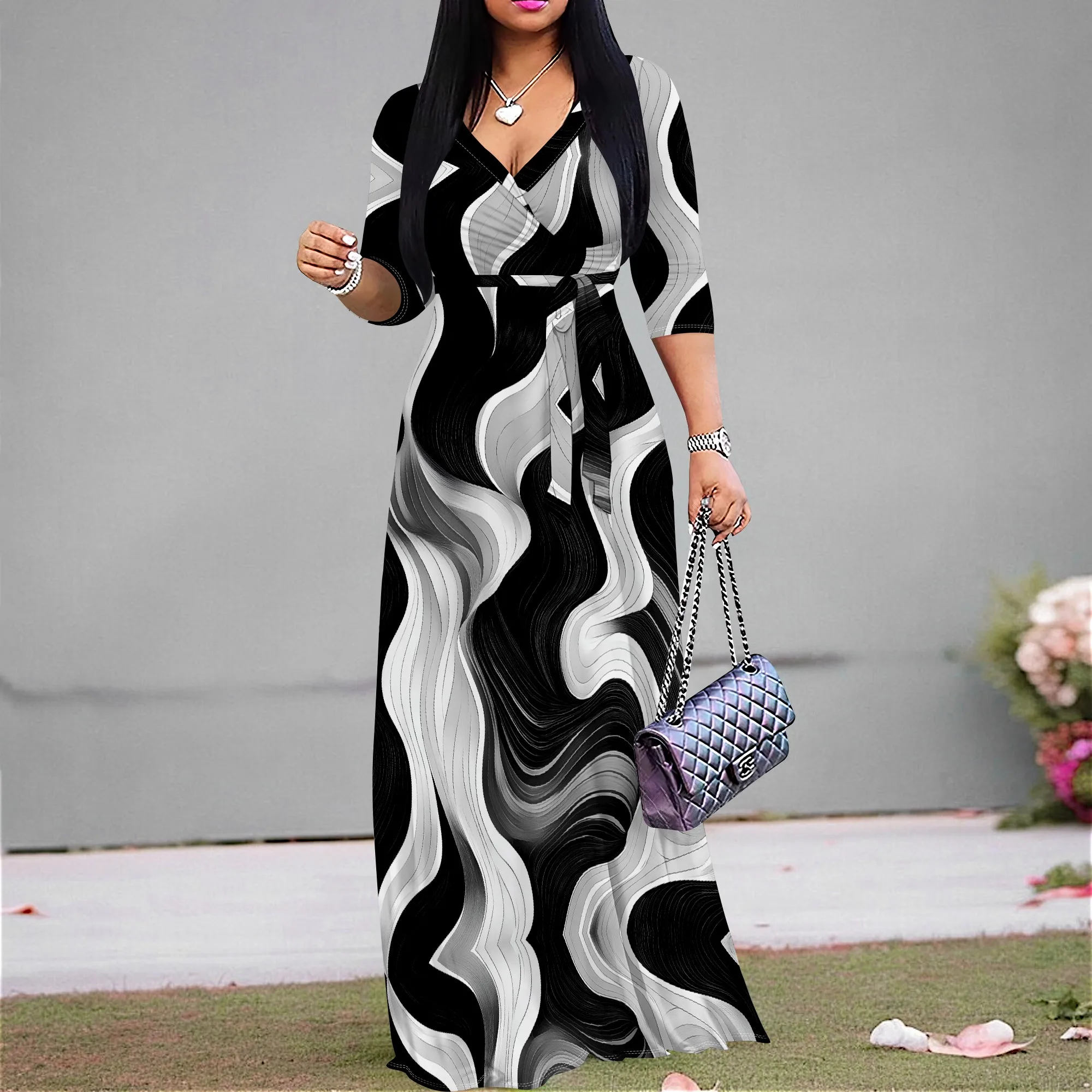 

Black White Wave Print Wrap Maxi Dress S‑3XL V‑Neck 3/4 Sleeve Belted Style for Art Show, Cocktail Party or Gallery Look