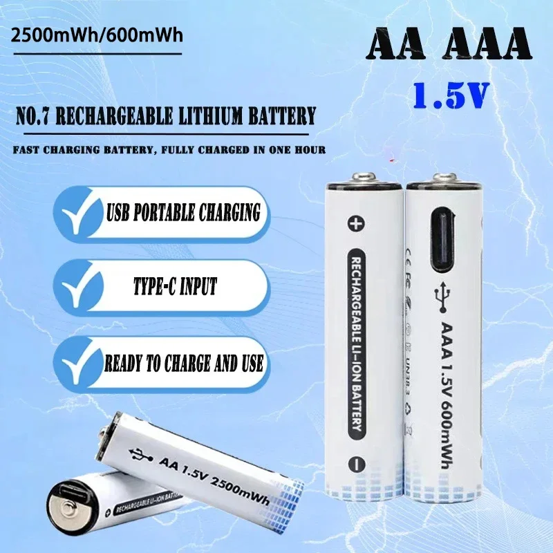 AA 2500mWh/AAA 600mWh Li-ion Batteries 1.5V AA/AAA USB Rechargeable Lithium-ion Battery For Toy Car +4-1 Type-C Cable