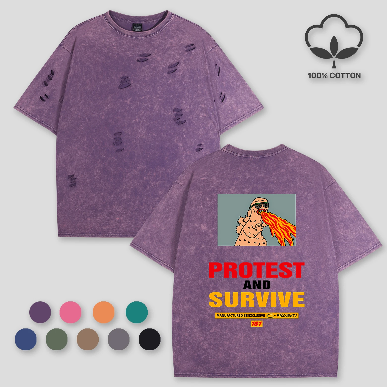 

Fire Breathing Dinosaur Washed Women T Shirt Summer Soft Cotton Tee Snow Wash Holes Creative Clothes Trendy Crewneck Unisex Top
