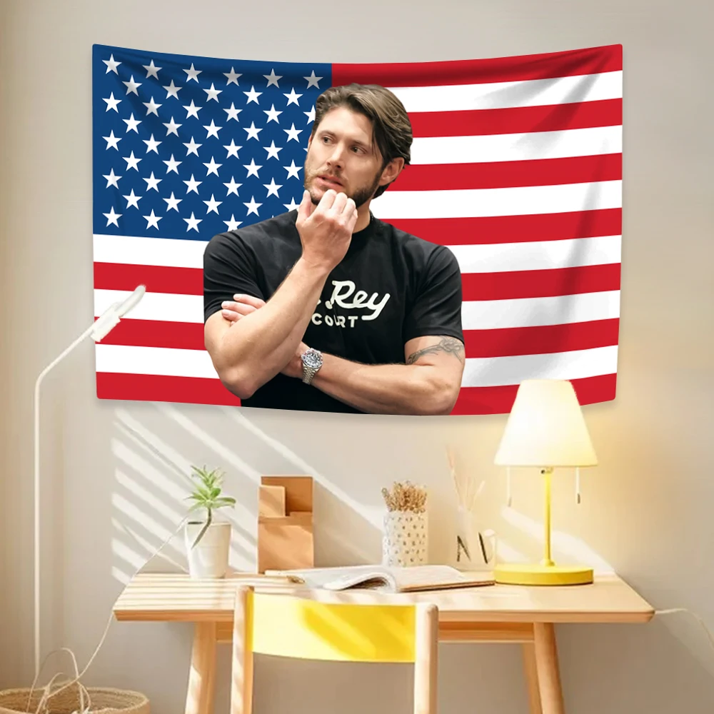 Jensen Tapestry Ackles American Flag Famous Actor Home Decor Wall Hanging Covering Bedroom Dorm Backdrop Outdoor Decor Fans Gift