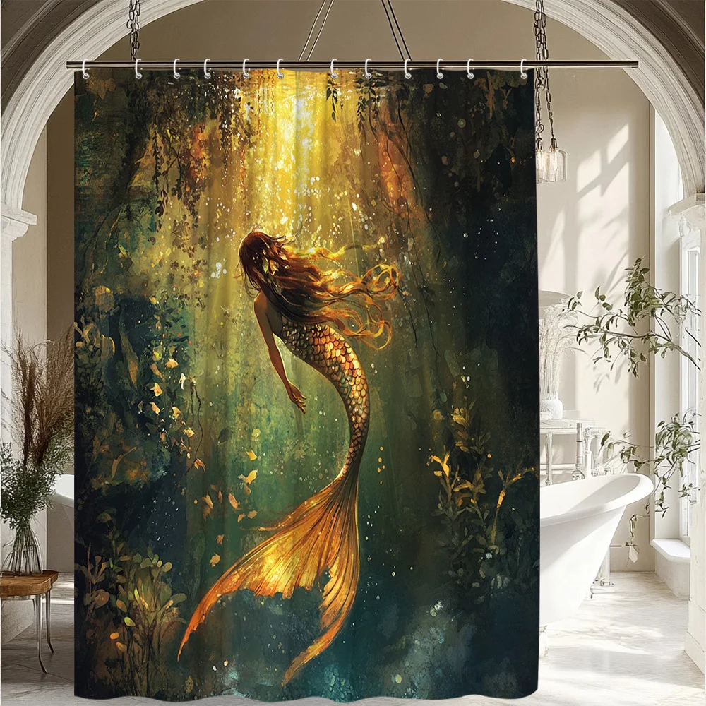 

Занавеска для душа «Русалка» из полиэстера, которую можно стирать в машине с 12 крючками для декора ванной комнаты