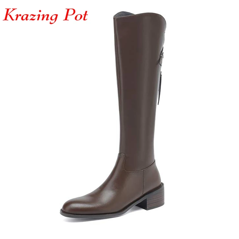 Krazing Pot Full Grain Leather Round Toe Med Heels Winter Warm Riding Boots Tassel Zip Vintage British School Thigh High Boots