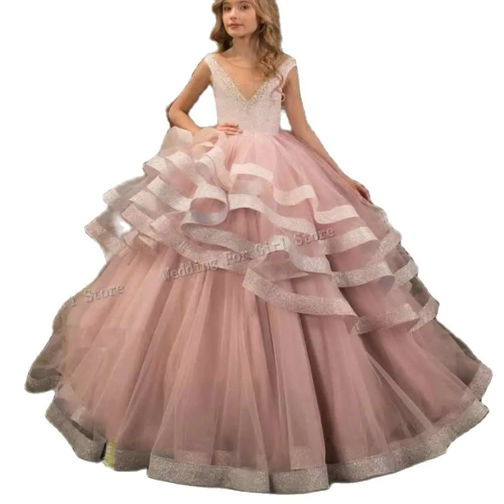 

Sparkly Blush Pink Tulle Formal Flower Girl Dress for Special Occasion Bridesmaid Party Wedding Pageant Tiered communion Gowns