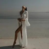 Nueva túnica de gasa para cubrir la playa, vestido con protección solar, ropa de playa para mujer, ropa Sexy con cuello en V, manga larga con volantes, negro y blanco