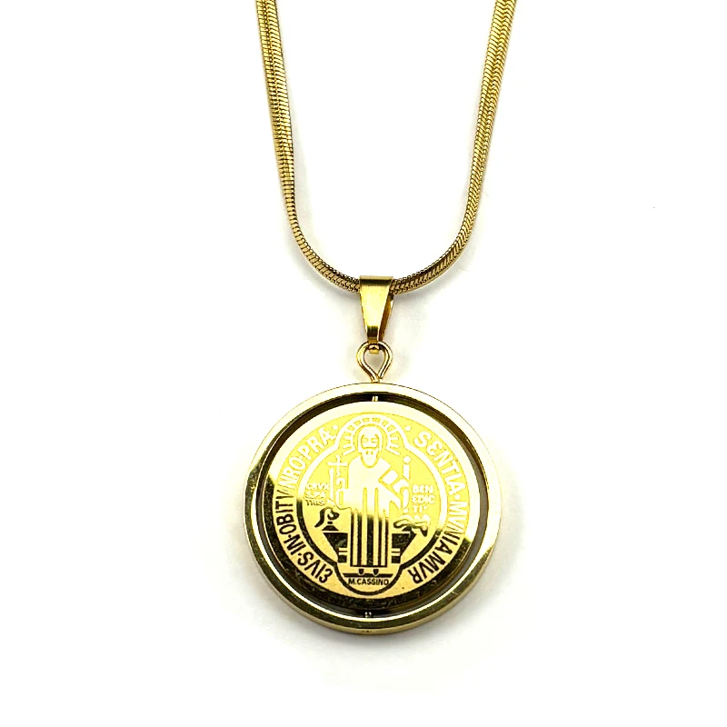 تدوير الكاثوليكية سانت بنديكت ميدالية قلادة للنساء الرجال الفولاذ المقاوم للصدأ الذهب اللون سلسلة القلائد مجوهرات سان بينيتو