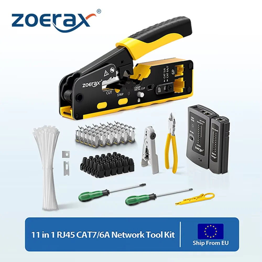 

ZoeRax 11 in 1 RJ45 Cat7 Cat6A Crimp Tool Kit,Cable Tester,Wire Cutter,Blades Cat7 Connectors and Boots Cable Ties screwdrivers