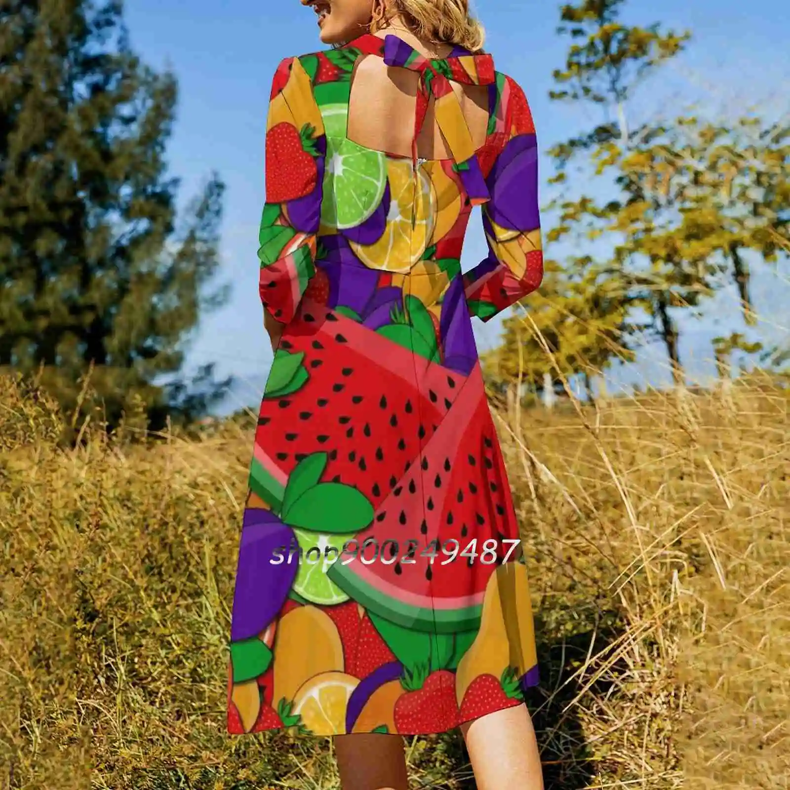 Summer Fruits Evening Party Dresses Midi Sexy Dress Female Sweet One Piece Dress Korean Summer Lime Lemon Orange Strawberies