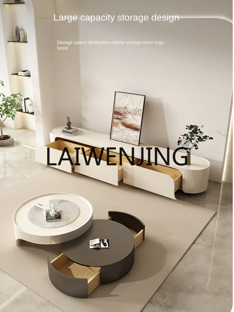 

Cream Style round Tea Table TV Cabinet Unit Retractable Bochun Same Modern Minimalist Living Room