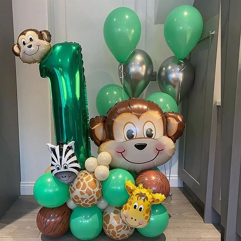 Mini animal Big monkey green party ballons decoration number1-9 Foil Balloons for Kids Boys Birthday Party Wild One Decorations