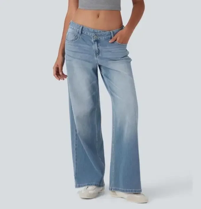 New Asymmetric Low Waist Diagonal Button Zipper Jeans Personalized Street Style Women's Fashion Straight Denim Pants