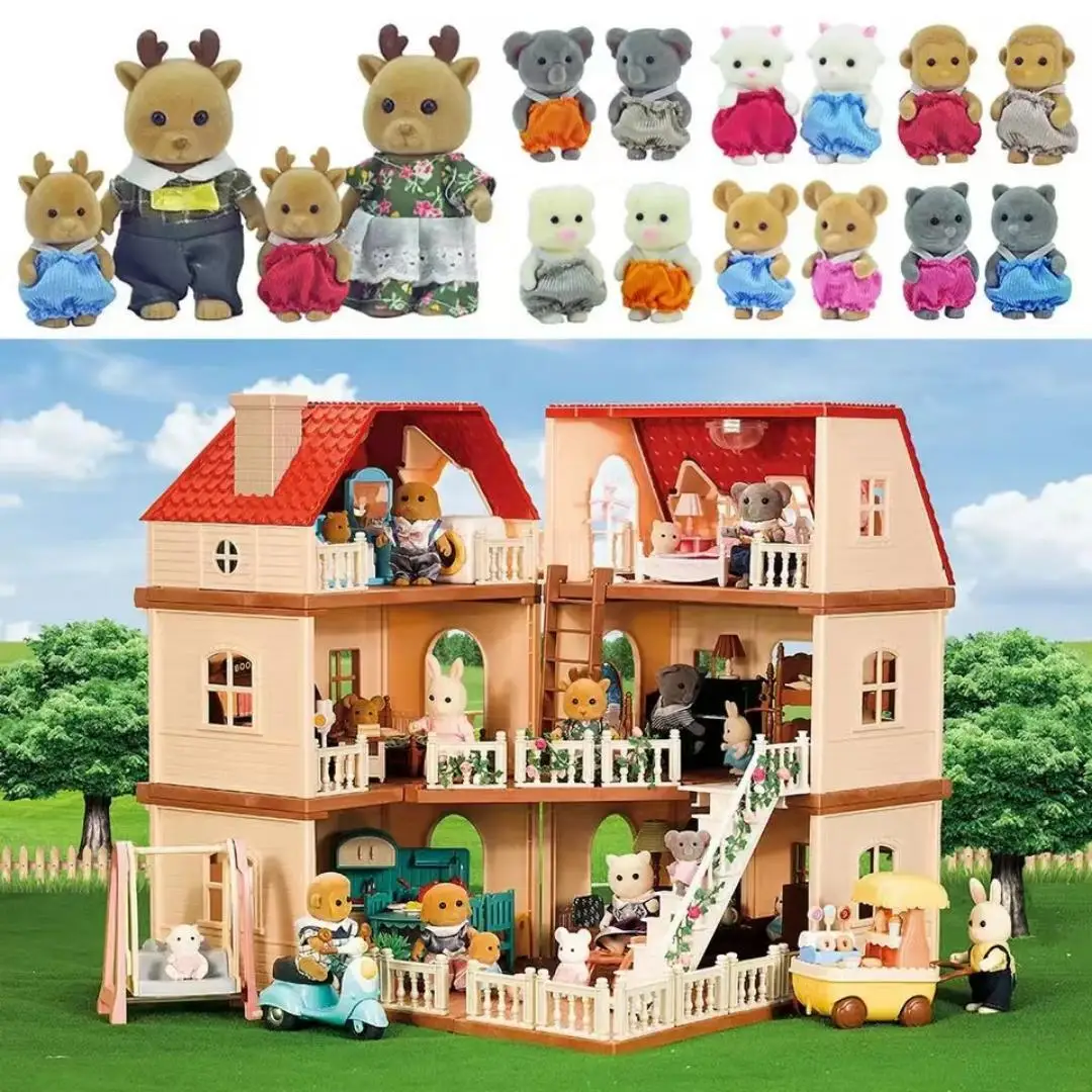 Simulation Küche Wald Familie Kleines Haus Doppel Drei-stöckige Villa Rentier Tier Modell Mädchen Puppenhaus Möbel Spielzeug Geschenke
