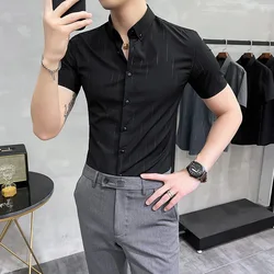 Homens verão lazer listra camisas de manga curta, masculino Slim Fit Business lapela camisas, preto e branco, roupas de marca, S-5XL, 2023