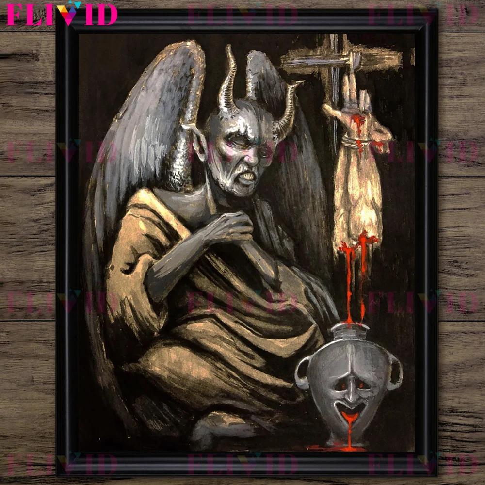 Demons Contemplating In The Fire Of Hell,Vintage Wall Art Canvas Painting Pagan Demons Worship Witchcraft Art Poster Print Decor