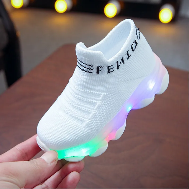 Kids Sneakers Children Baby Girls Boys Letter Mesh Led Luminous Socks Sport Run Sneakers Shoes Sapato Infantil Light Up Shoes