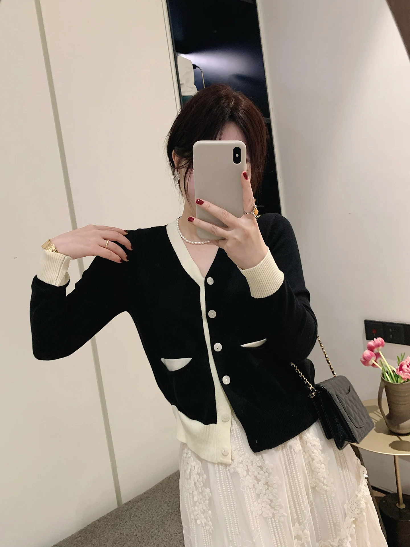 

Misslady Soft High Quality Color Block Long Sleeve Knitted Open Cardigan Women's Top Slim Fit Short Style Gentle French Style