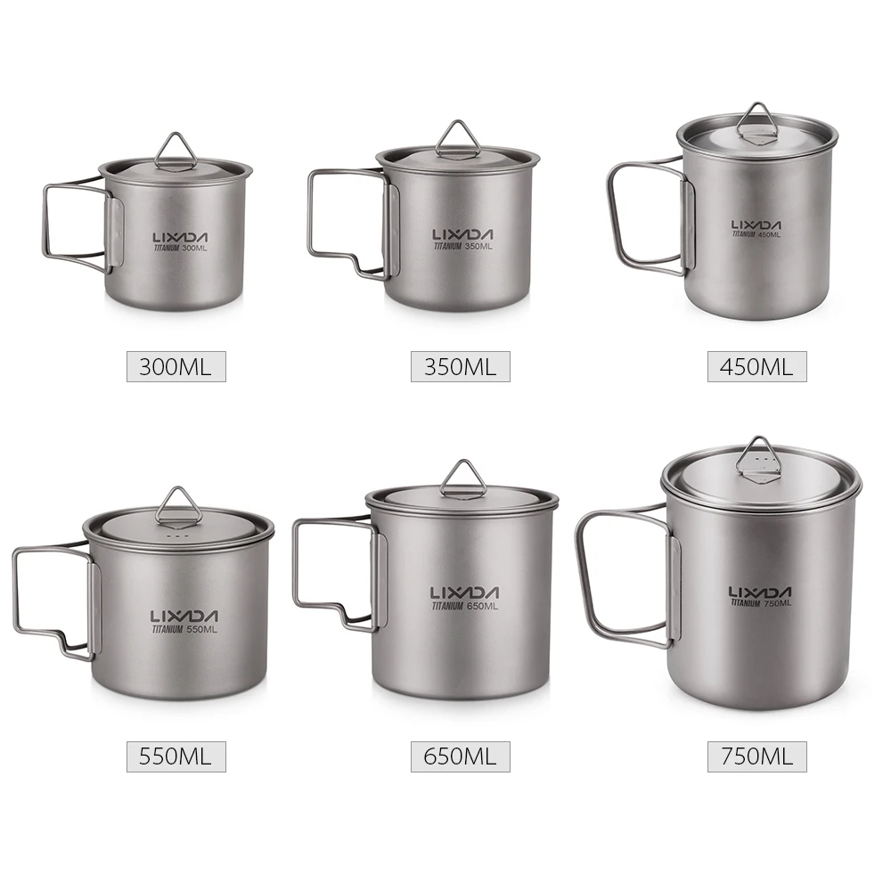 Lixada Ultralight Titanium Cup Water Cup Mug with Foldable Handle Outdoor Portable Camping Picnic 300ml / 350ml / 550ml / 650ml