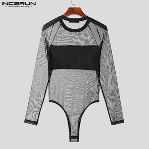 Incerun-Patchwork Men's Mesh O-Rescur Long-sleeved Bodysuit, Sexy Jumpsuit, Men's T-Shirts, Transparent Fitness Fashion, 2023 8 Main Men's Body Sales - №4