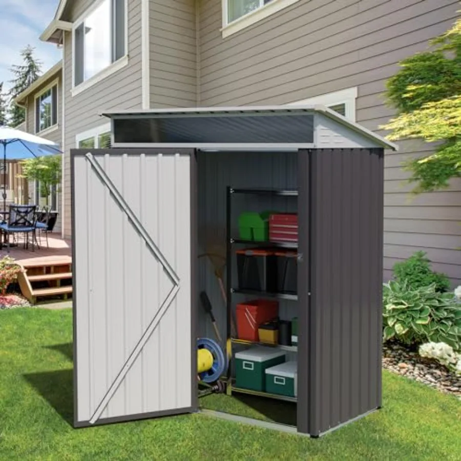 Outdoor storage shed for backyard patio use, made of anti-corrosion metal, dark gray color, waterproof with large window and lo