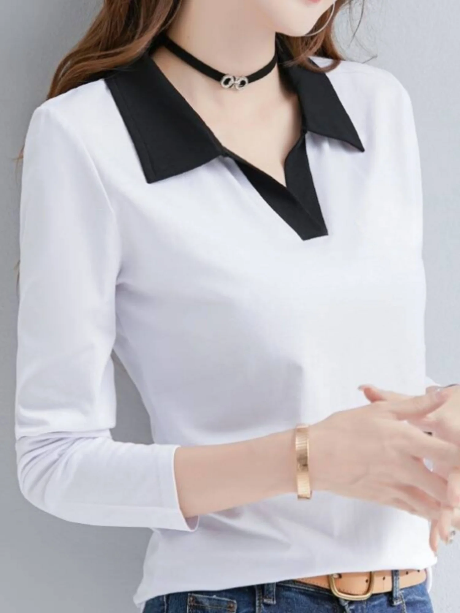 Design a contrasto in tinta unita, POLO a maniche lunghe quotidiano alla moda casual da donna, top lavorato a maglia primaverile e autunnale.