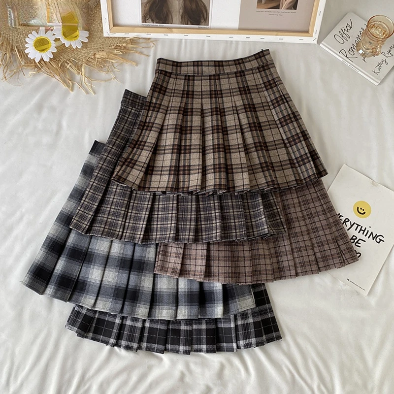 Pleated Short Skirt Women Retro Plaid Coffee Pleated High Waist Skirt Summer Dress Women 2023 New Fashion A-line Skirt