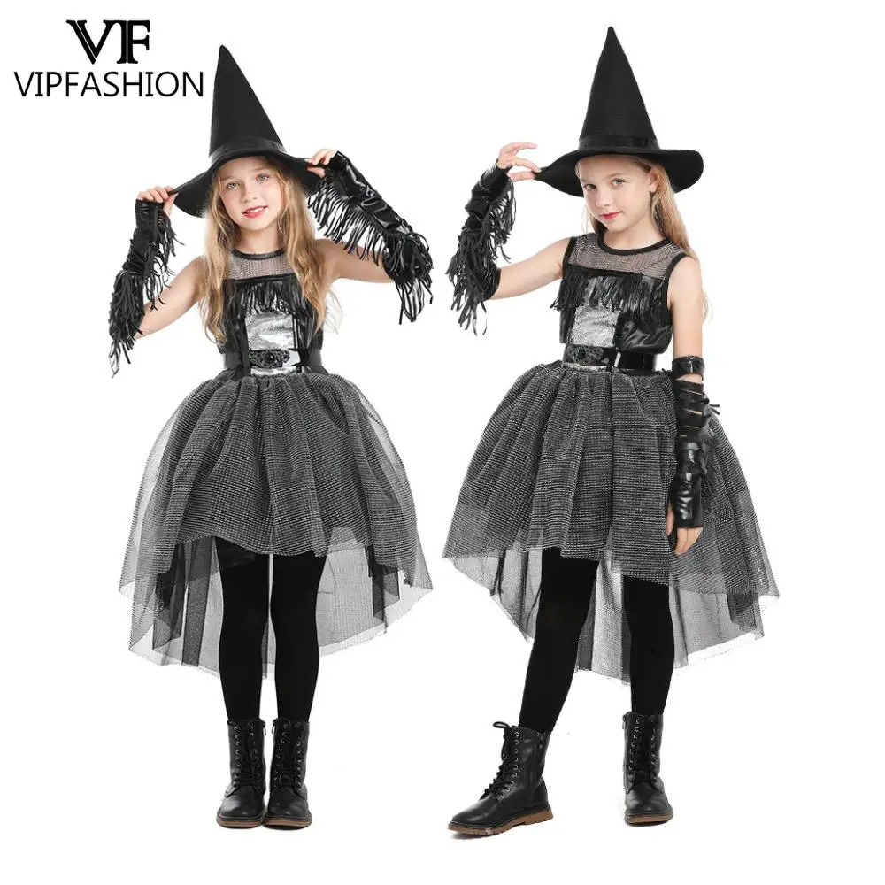 VIP FASHION 4pcs/set Raven Witch Costume Black Gothic Girl Costume Performance Carnival Purim Puffy Swallowtail Skirt with Hat