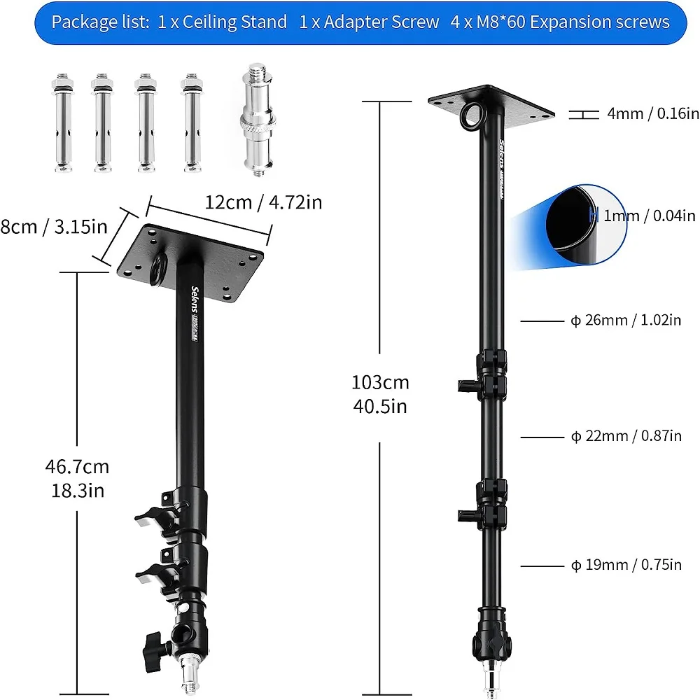 Selens Photography Wall Mount Boom Arm Stand, Wall Ceiling Mount Boom Arm Adjustable Bracket For Photo Studio Video Ring Light