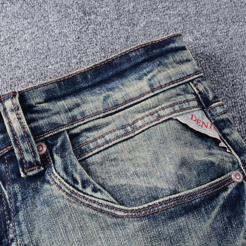 Italian Style Fashion Men Jeans Retro Washed Blue Elastic Stretch Slim Fit Ripped Jeans Men Vintage Designer Denim Pants Hombre