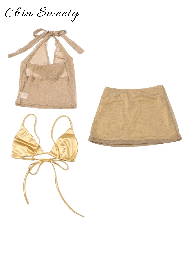 Conjuntos de faldas con lentejuelas para mujer, chaleco Sexy con cuello en V y cuello Halter, Tops cortos con cordones, Mini falda caída, traje elegante para mujer 2025, 2025