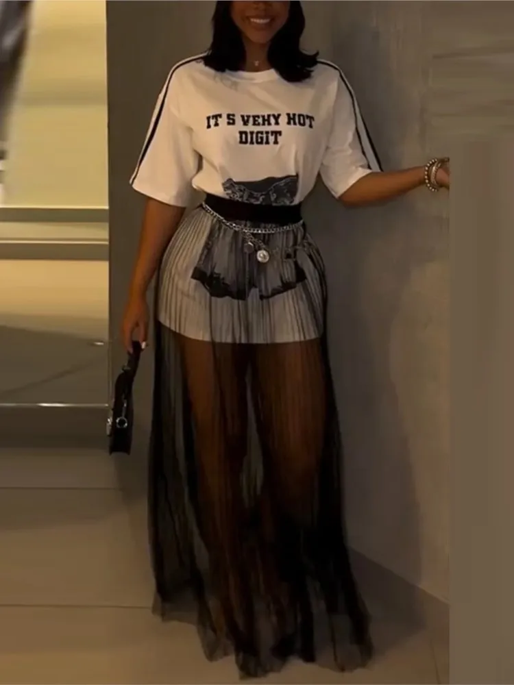 

Летний женский комплект: футболка с круглым вырезом и принтом + длинная юбка из сетки, модный повседневный комплект из двух предметов, элегантная женская одежда, комплект из 2 предметов для женщин